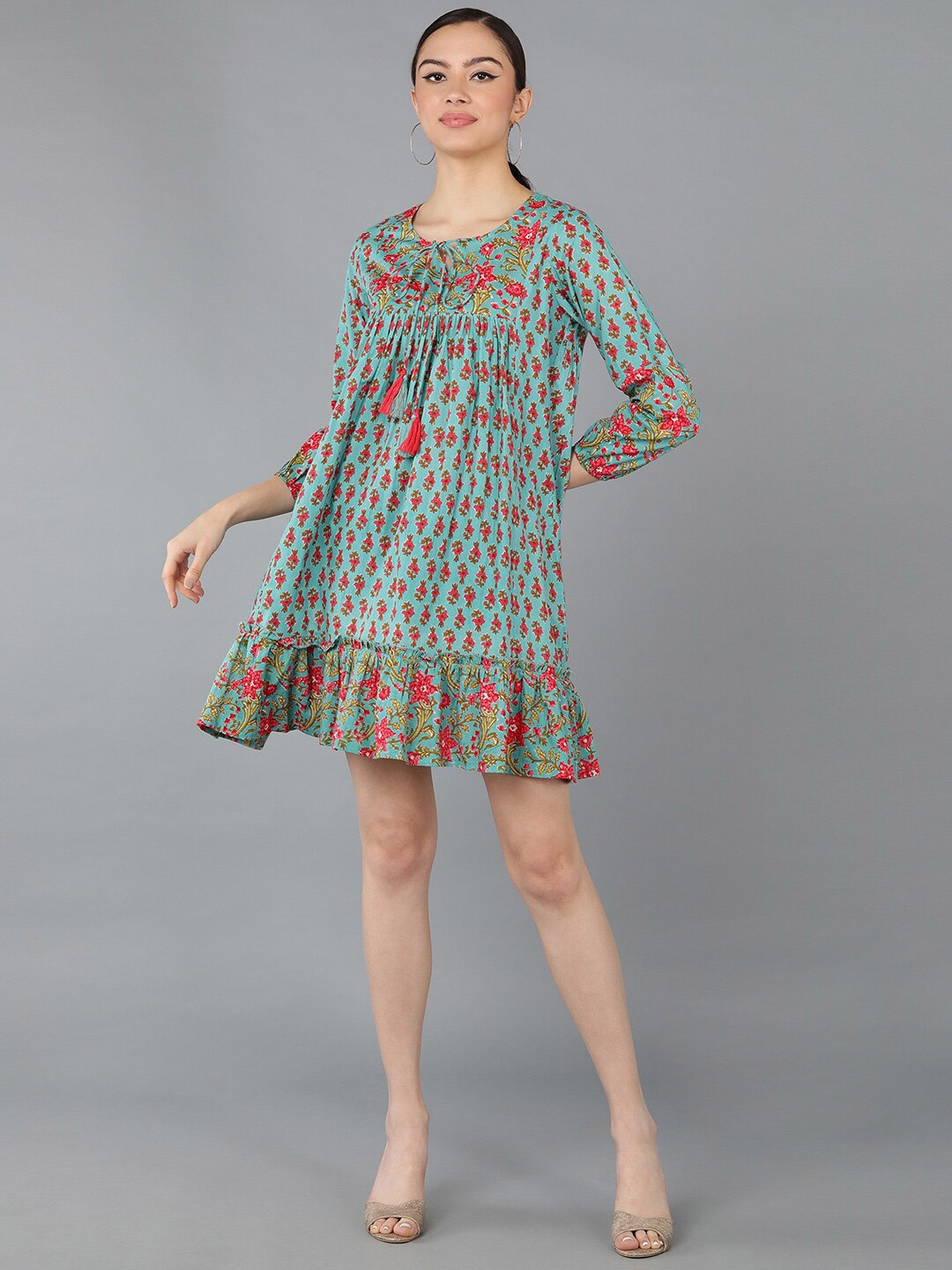 

Senyora Ethnic Motif Printed A-Line Ethnic Dress, Turquoise blue