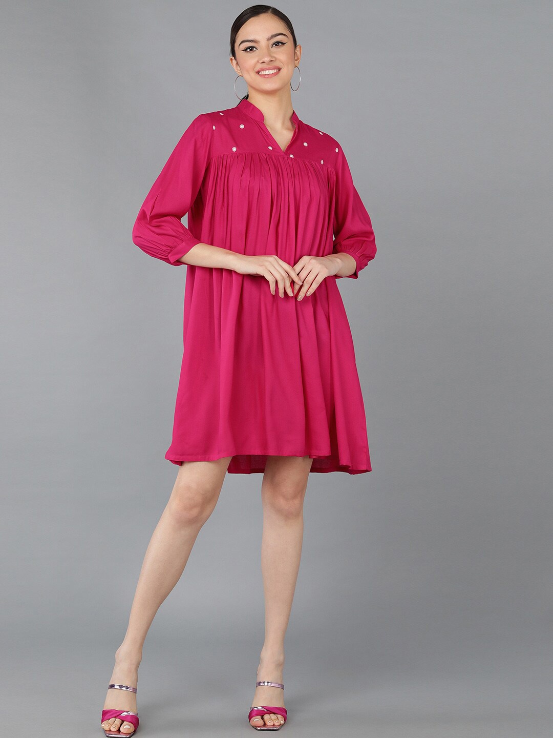 

Senyora Floral Embroidered Mandarin Collar Empire Dress, Pink