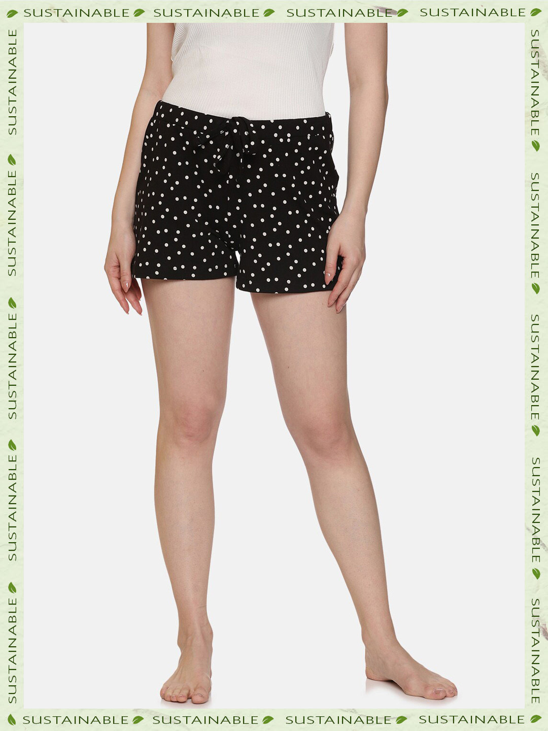 

HERE&NOW Women Polka Dots Printed Mid-Rise Lounge Shorts, Black
