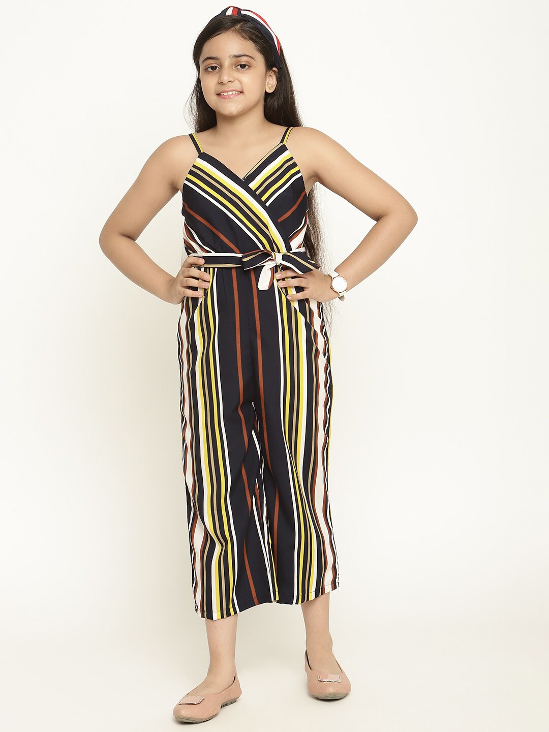 

Stuffie Land Girls Striped Shoulder Straps Waist Tie-Ups Basic Jumpsuit, Blue