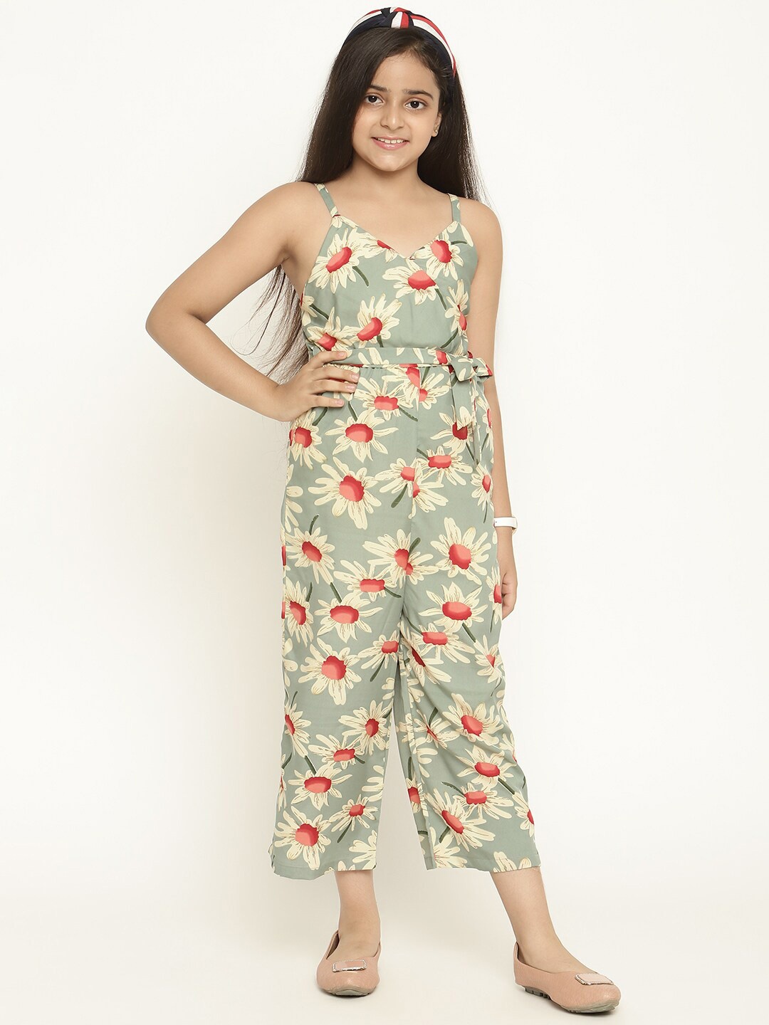 

Stuffie Land Girls Floral Printed Shoulder Straps Wrap Detail Crop Jumpsuit, Green