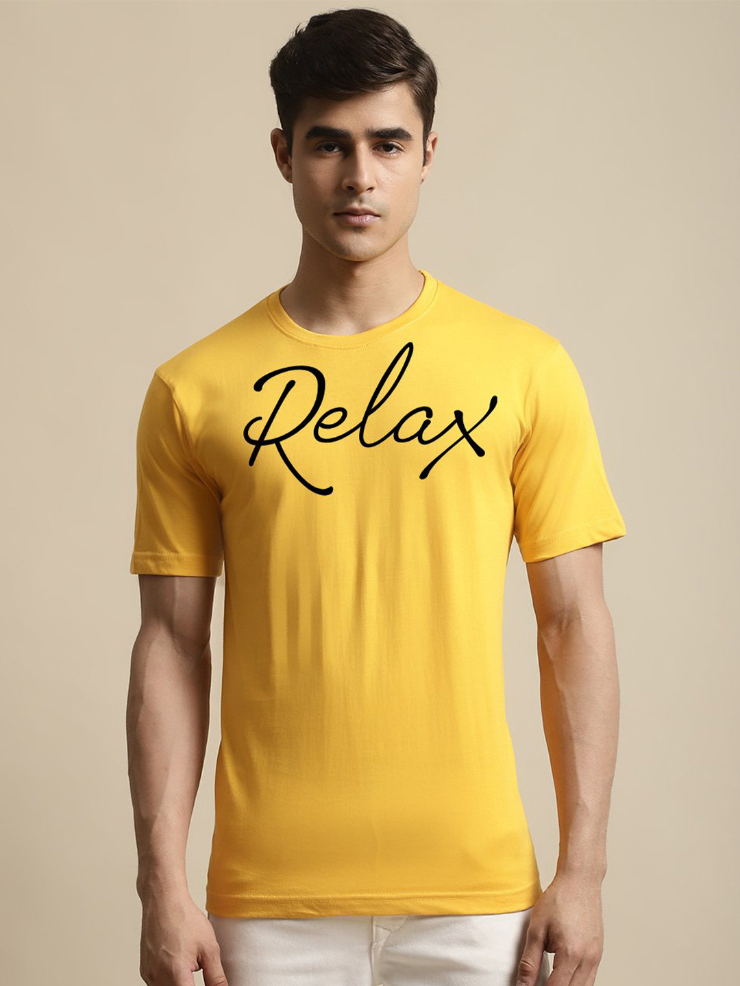 

Miaz Lifestyle Typography Printed Short Sleeve Round Neck Running Pure Cotton T-shirt, Yellow