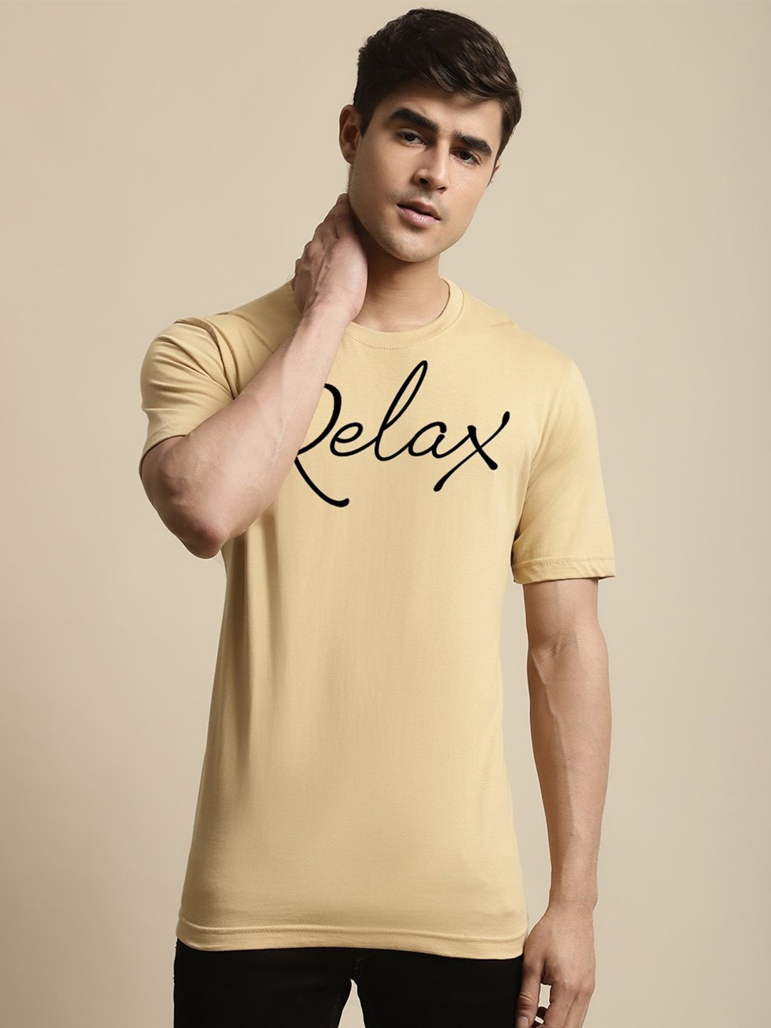 

Miaz Lifestyle Men Typography Printed Running Cotto T-shirt, Beige