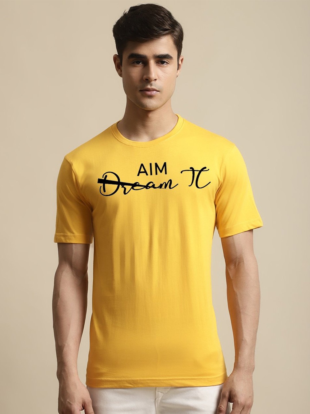 

Miaz Lifestyle Typography Printed Short Sleeve Round Neck Running Pure Cotton T-shirt, Yellow