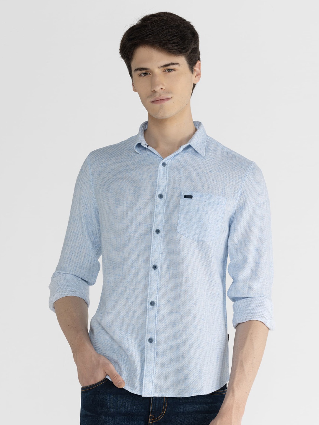 

IDENTITI Full Sleeve Patch Pocket Textured Slim Fit Casual Cotton Dobby Shirt, Blue