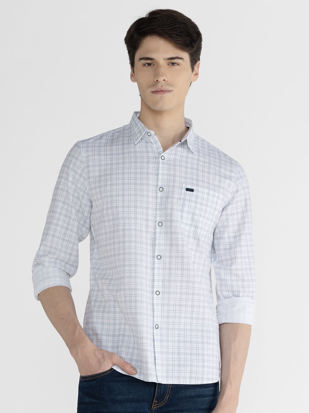 

IDENTITI Grid Tattersall Checked Slim Fit Casual Shirt, White