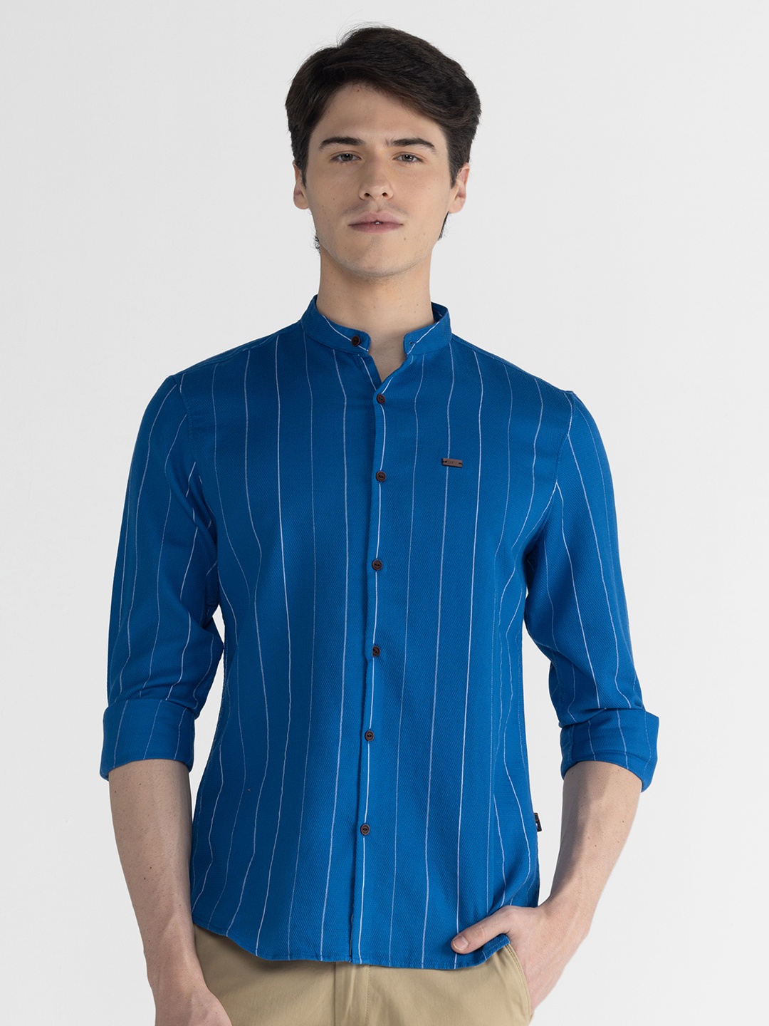 

IDENTITI Grid Tattersall Checks Cotton Slim Fit Casual Shirt, Blue