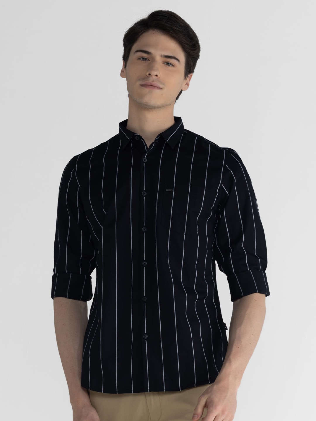 

IDENTITI Vertical Striped Slim Fit Casual Shirt, Black
