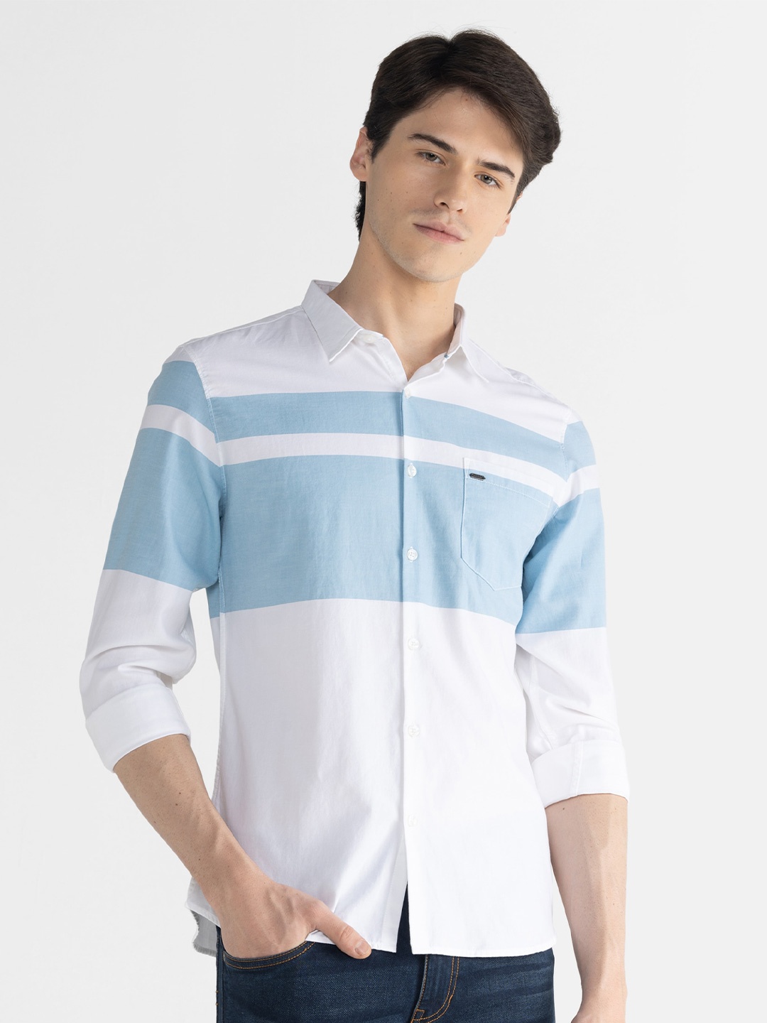 

IDENTITI Slim Fit Colourblocked Casual Dobby Pure Cotton Shirt, White