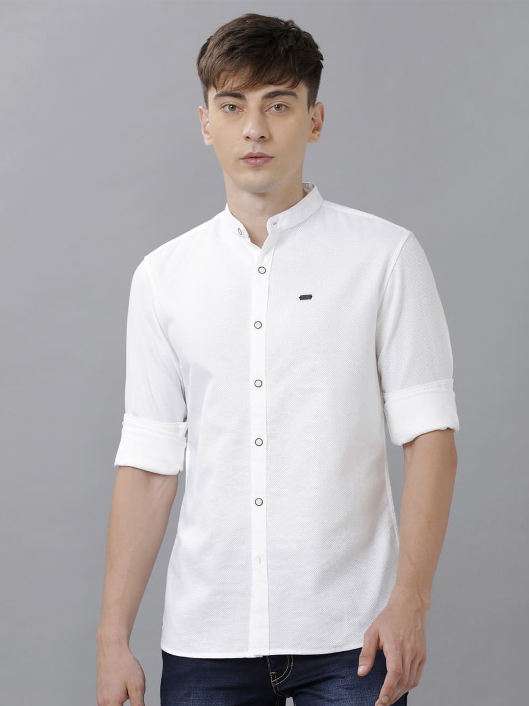 

IDENTITI Slim Fit Mandarin Collar Casual Cotton Shirt, White
