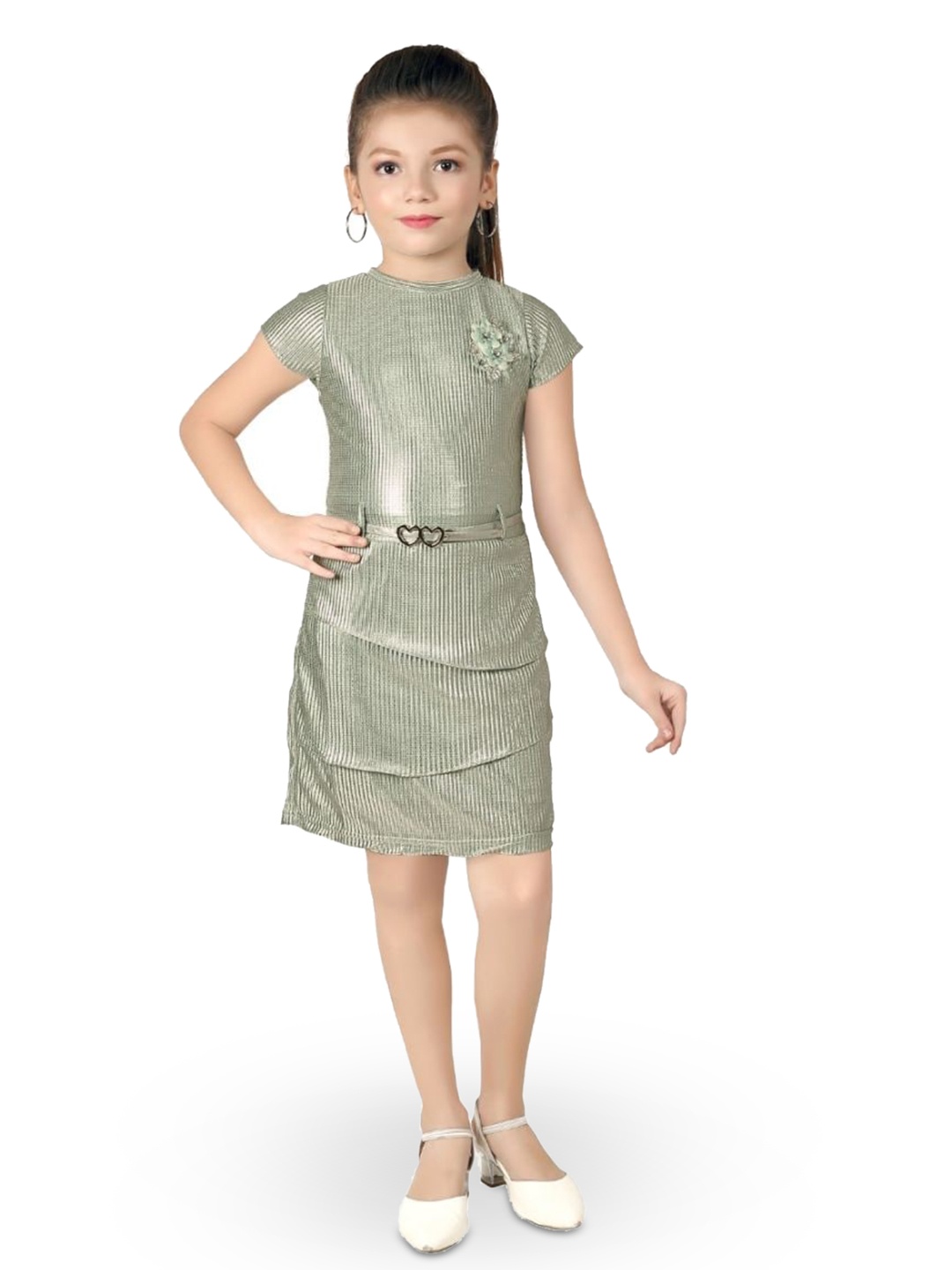 

Tiny Girl Belted Cap Sleeves Sheen Sheath Dress, Green