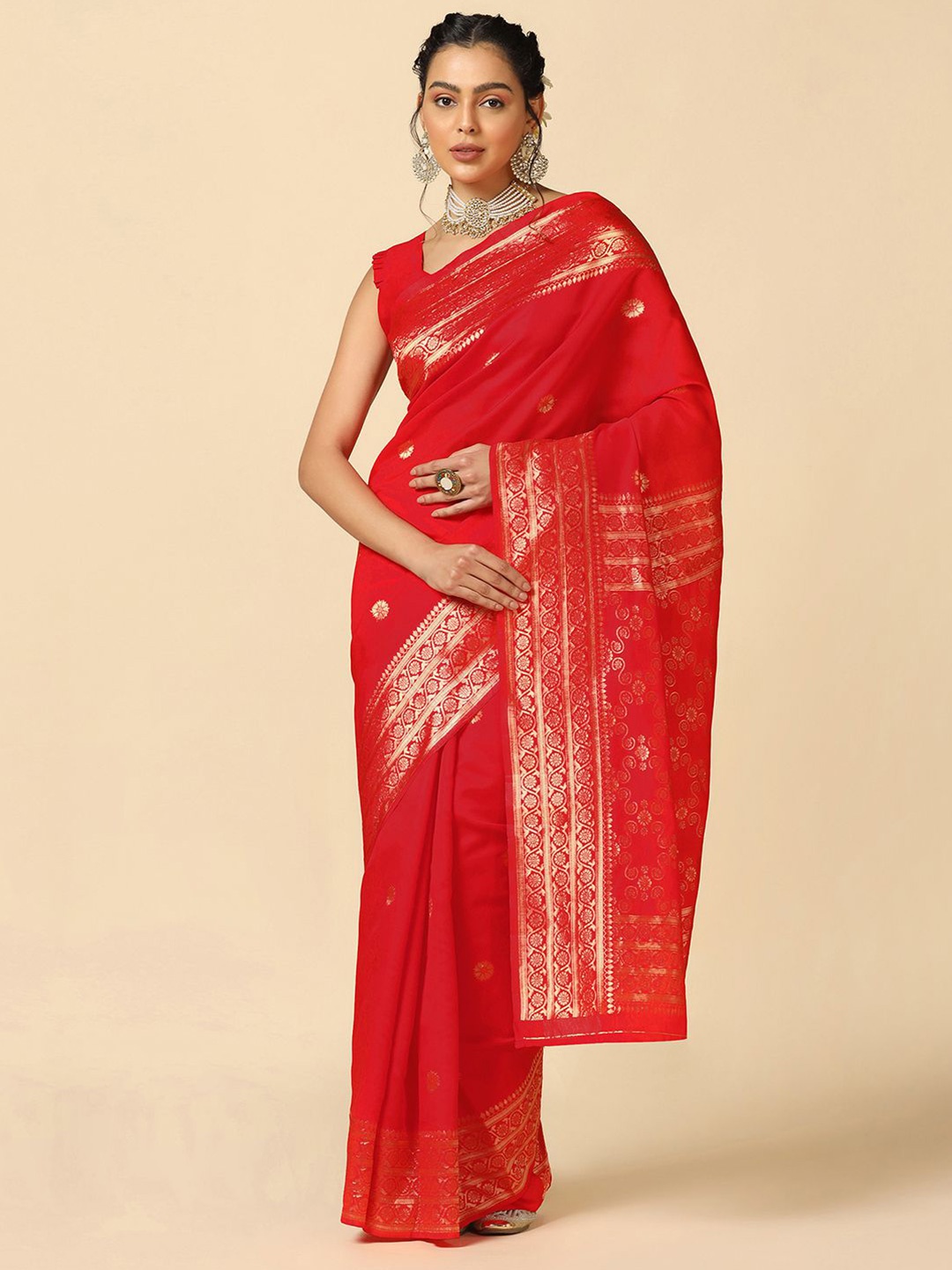 

Mitera Ethnic Motifs Woven Design Zari Poly Silk Jacquard Banarasi Saree, Red