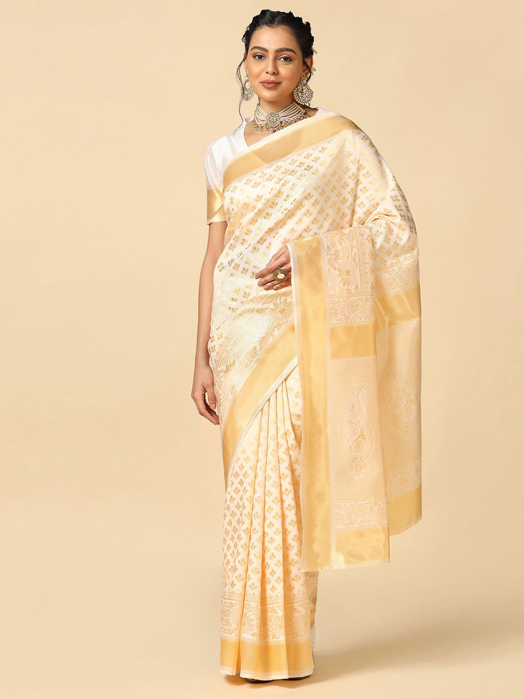 

Mitera Floral Woven Design Zari Poly Silk Jacquard Banarasi Saree, Off white
