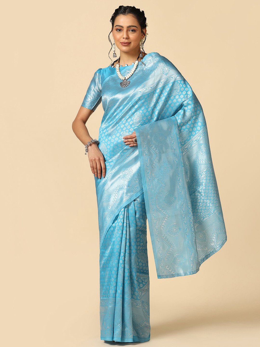 

Mitera Woven Design Zari Poly Silk Jacquard Banarasi Saree, Blue