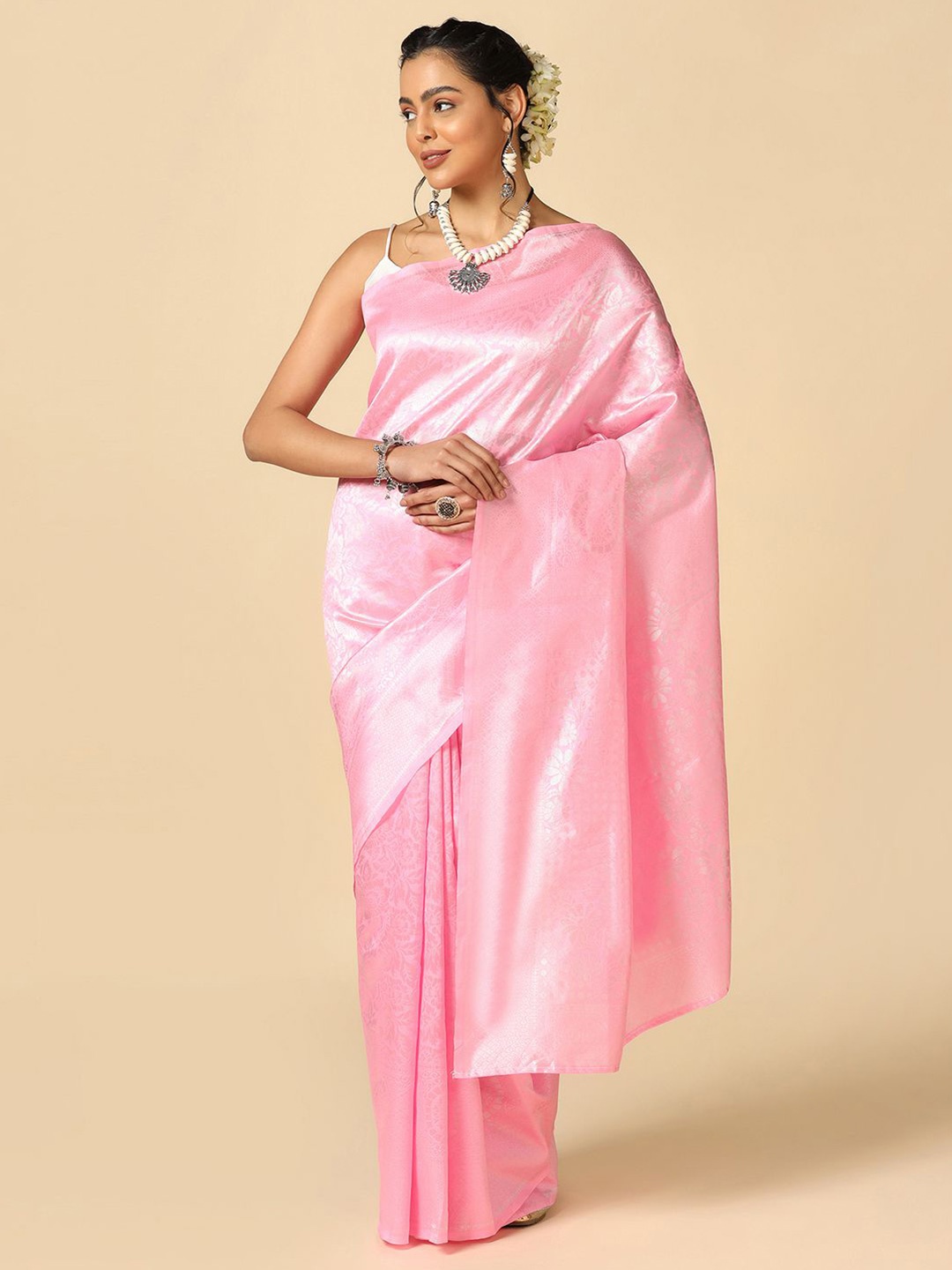 

Mitera Ethnic Motifs Woven Design Zari Poly Silk Jacquard Banarasi Saree, Pink
