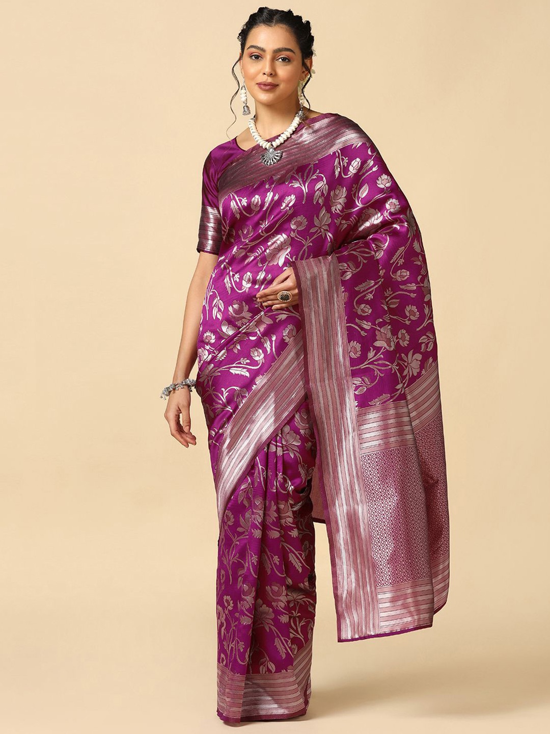 

Mitera Floral Woven Design Zari Poly Silk Jacquard Banarasi Saree, Purple