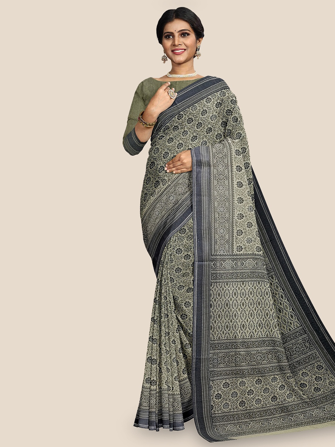 

The Chennai Silks Floral Printed Pure Cotton Saree, Beige