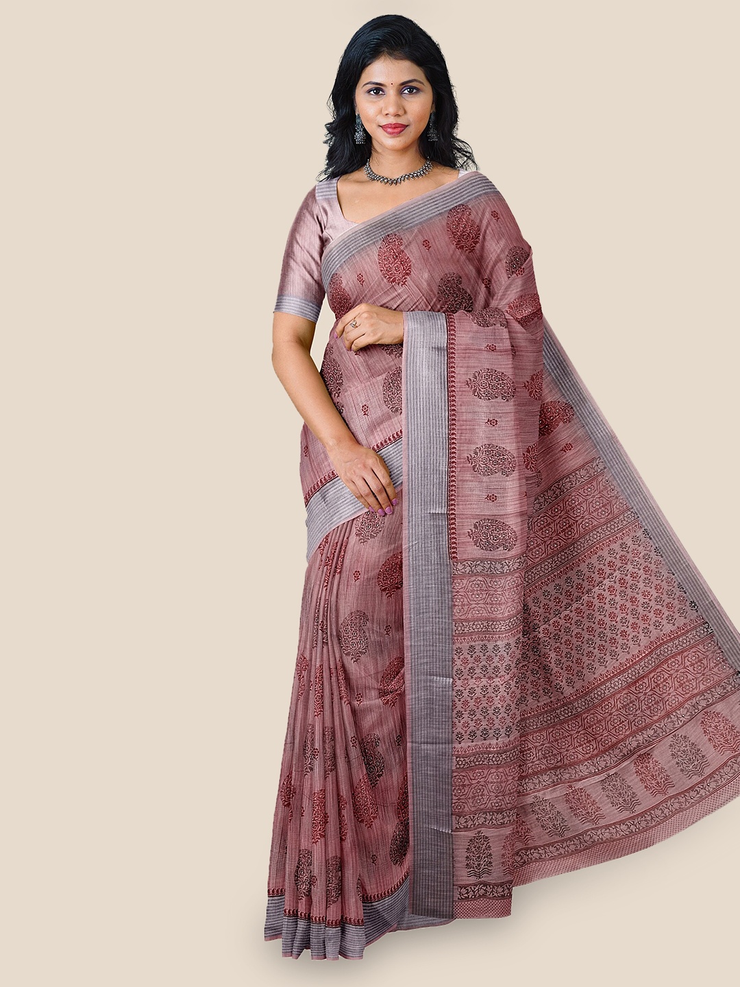 

The Chennai Silks Paisley Printed Pure Cotton Saree, Mauve