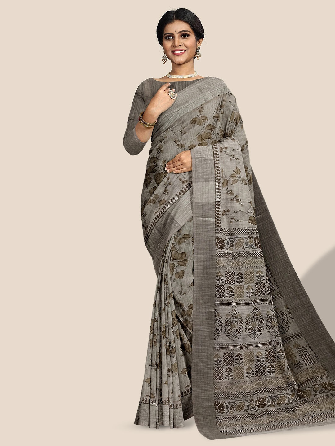 

The Chennai Silks Floral Printed Pure Cotton Saree, Taupe