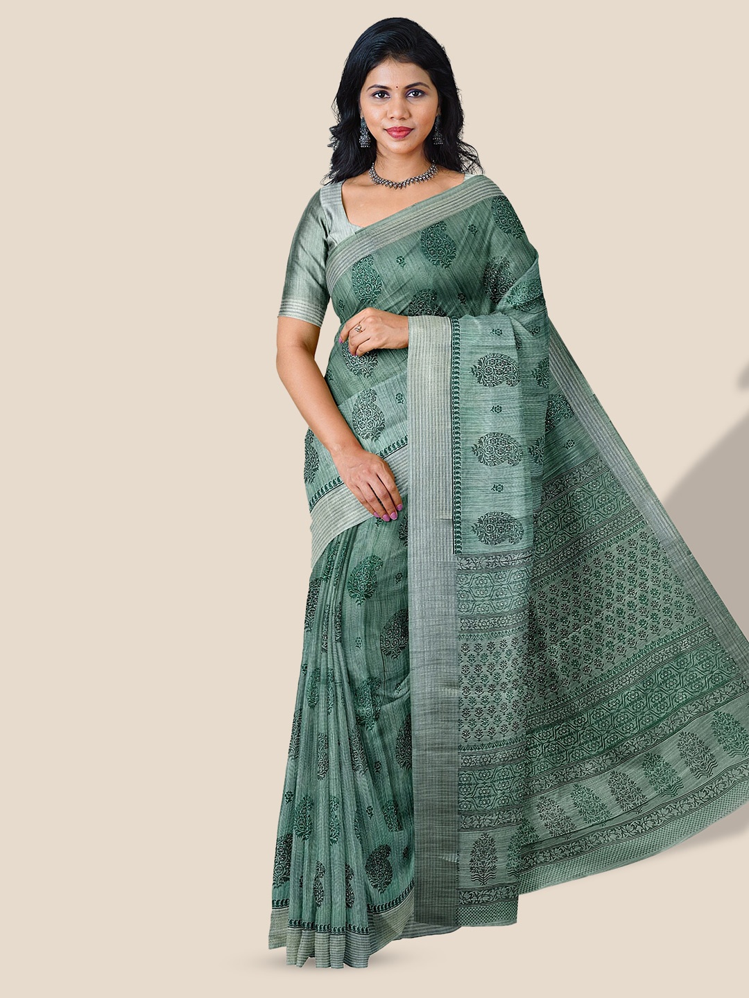 

The Chennai Silks Paisley Printed Pure Cotton Saree, Green