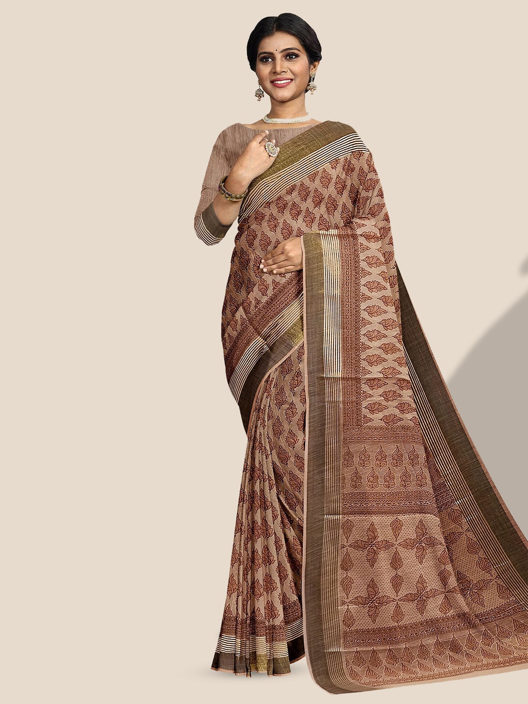 

The Chennai Silks Ethnic Motif Printed Zari Pure Cotton Saree, Brown