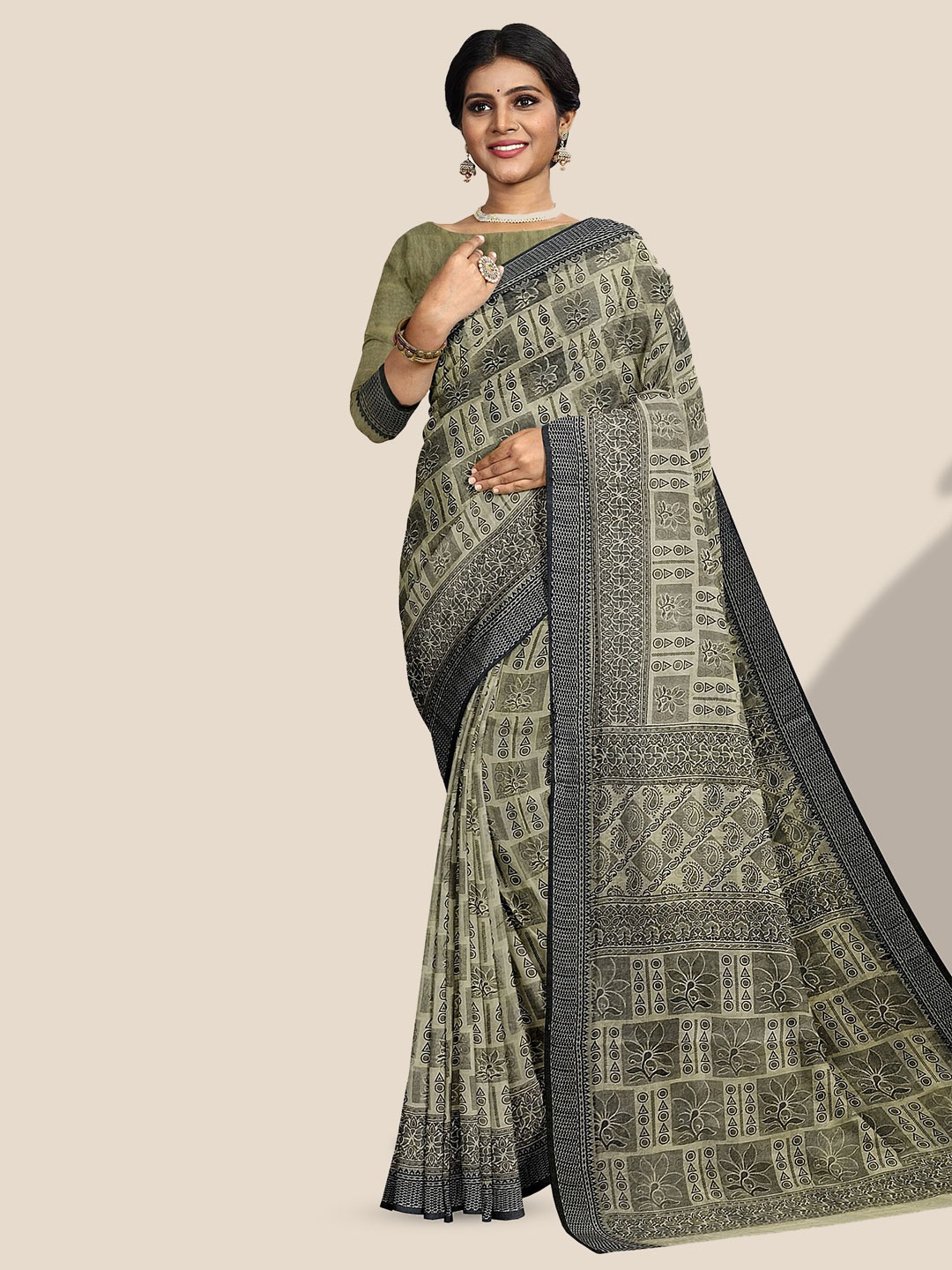 

The Chennai Silks Ethnic Motif Printed Pure Cotton Saree, Beige