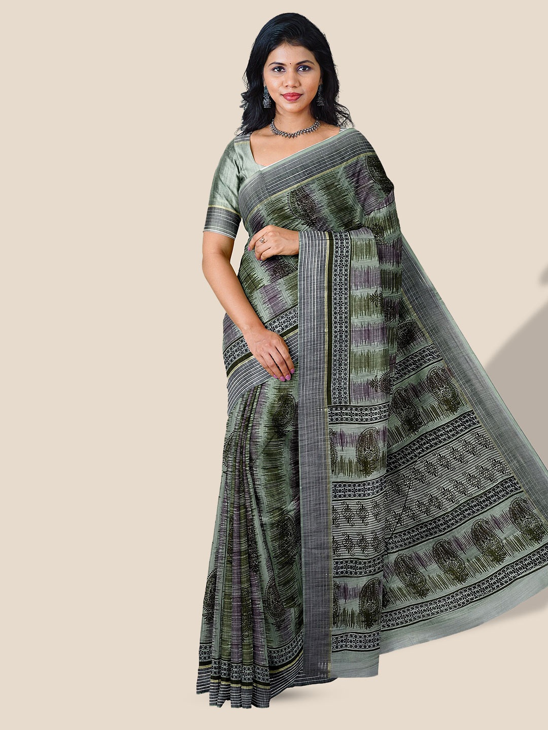 

The Chennai Silks Paisley Printed Pure Cotton Saree, Green