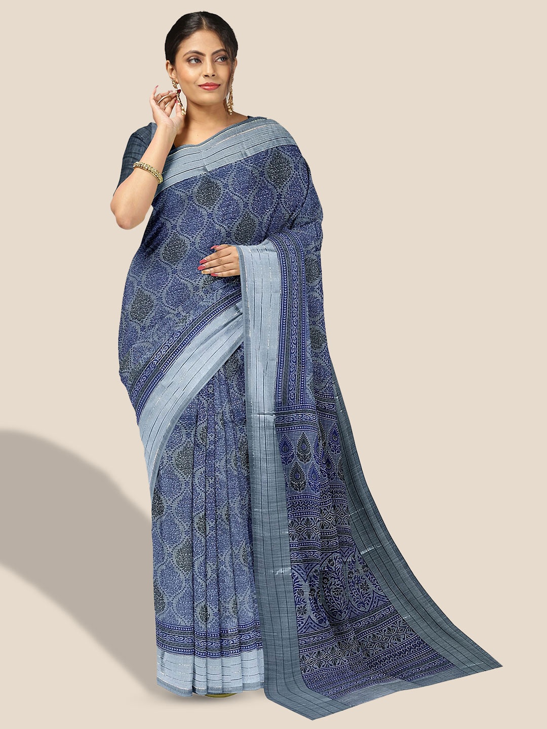 

The Chennai Silks Ethnic Motif Printed Zari Pure Cotton Saree, Grey