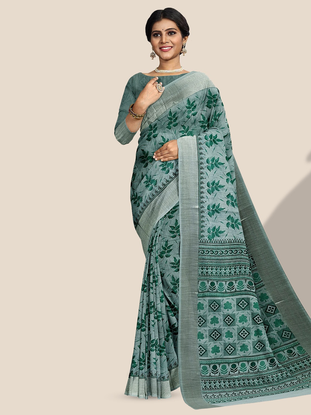 

The Chennai Silks Floral Printed Zari Pure Cotton Saree, Green