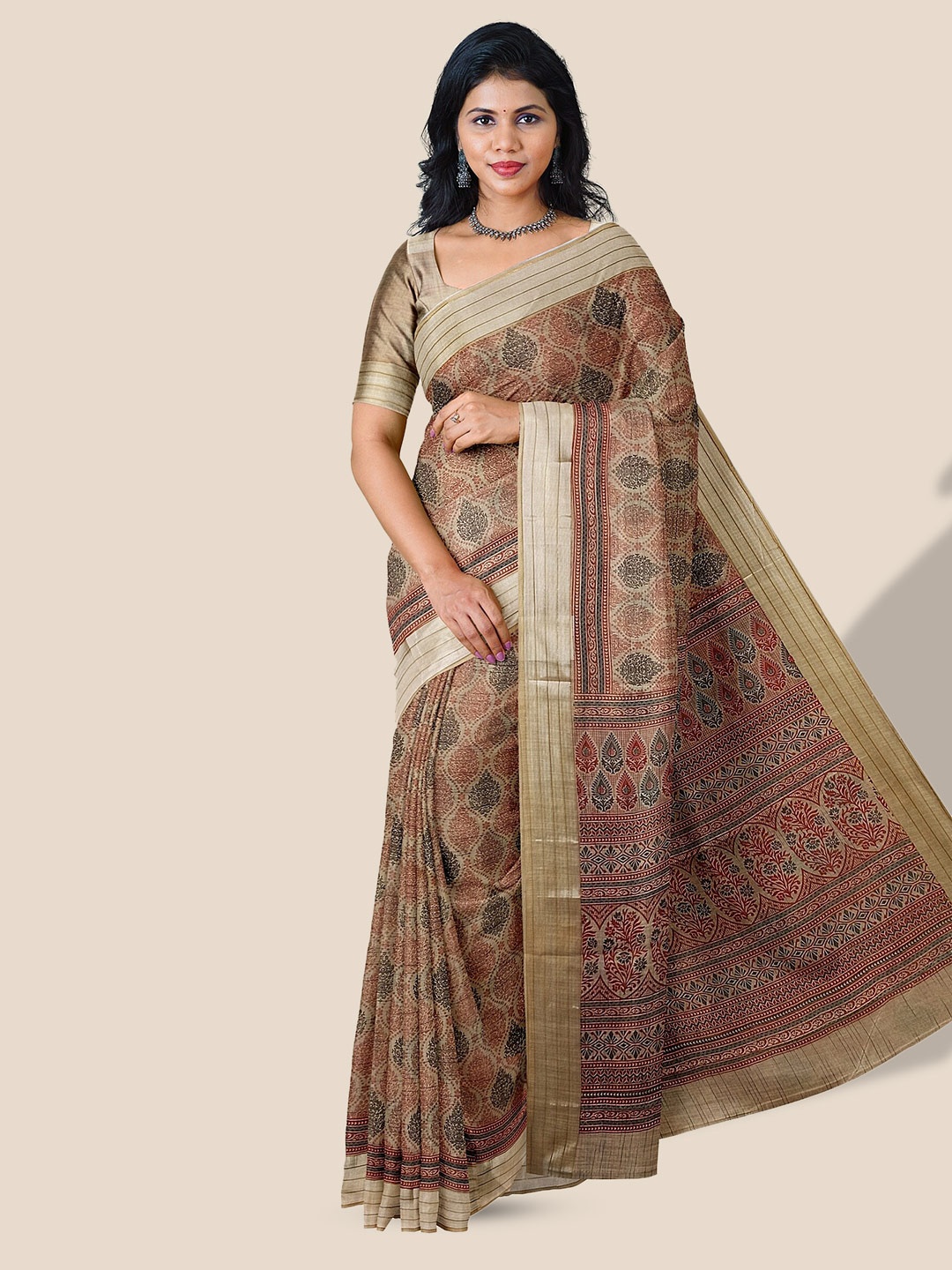 

The Chennai Silks Ethnic Motifs Printed Pure Cotton Saree, Brown