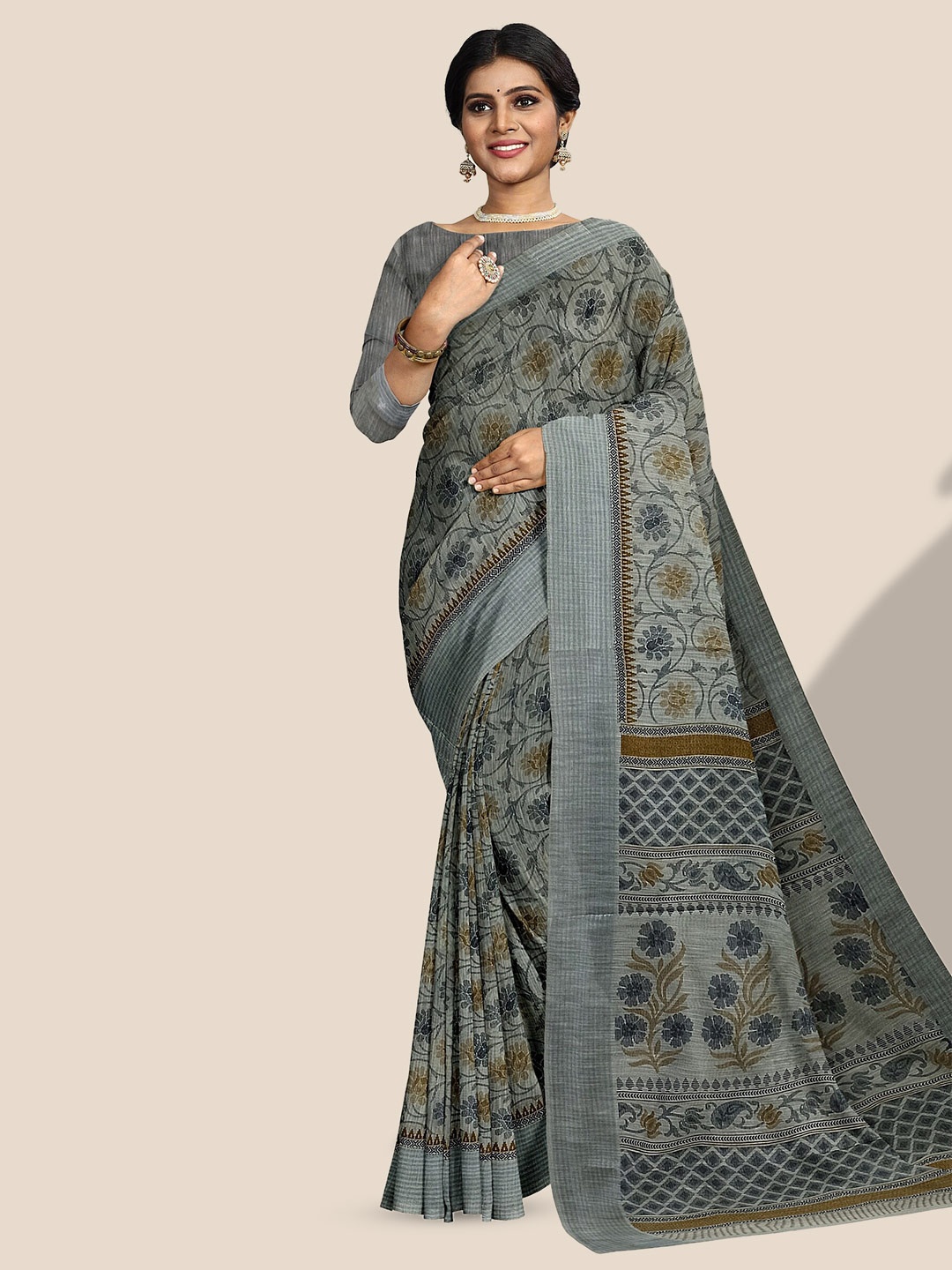 

The Chennai Silks Floral Printed Pure Cotton Saree, Grey