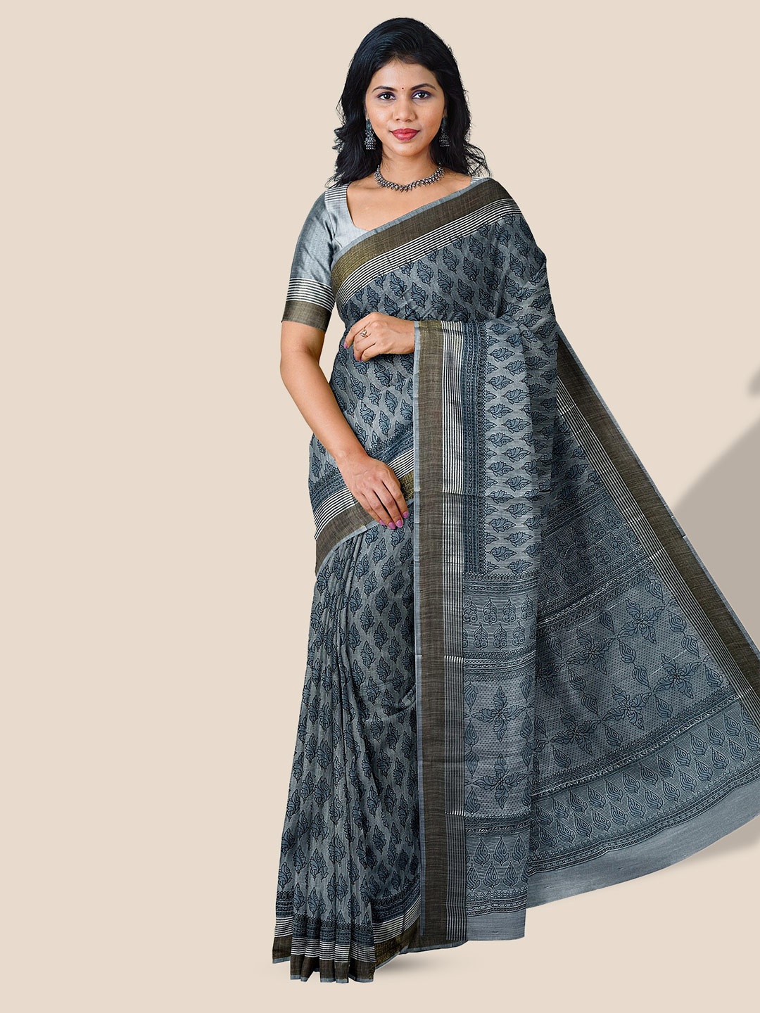 

The Chennai Silks Floral Printed Striped Bordered Pure Cotton Saree, Blue