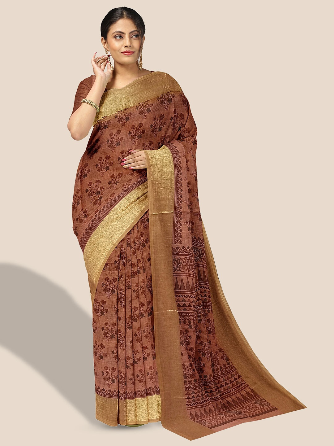 

The Chennai Silks Floral Printed Zari Pure Cotton Saree, Brown