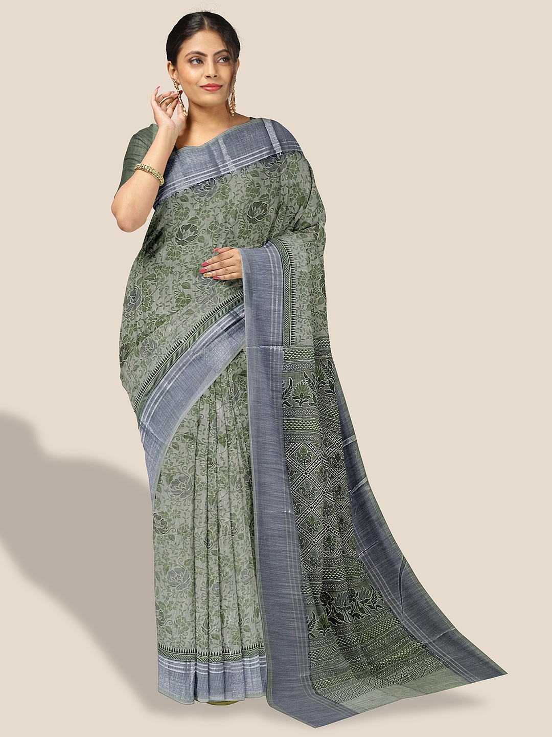 

The Chennai Silks Floral Printed Pure Cotton Saree, Green