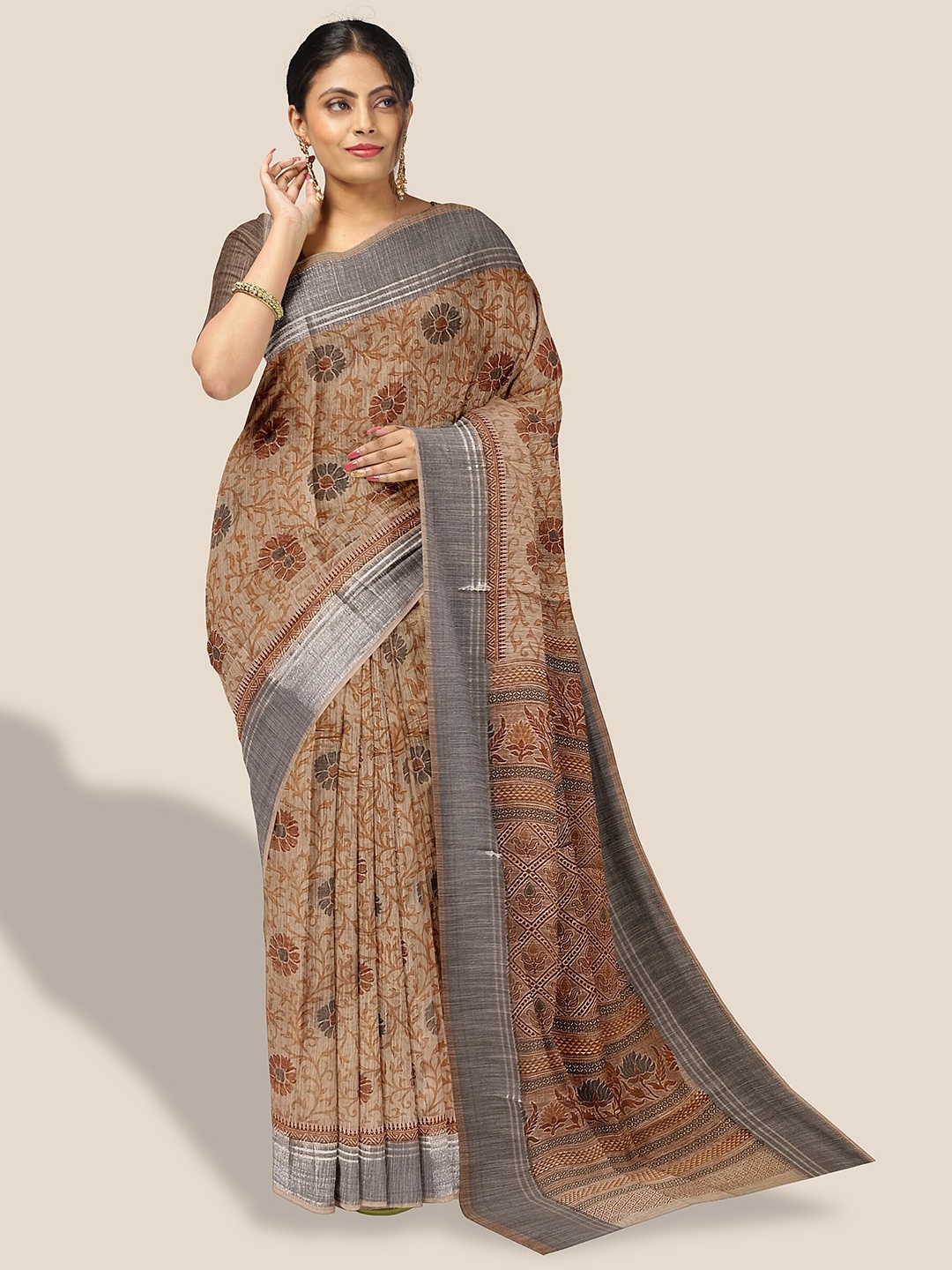 

The Chennai Silks Floral Printed Pure Cotton Saree, Brown