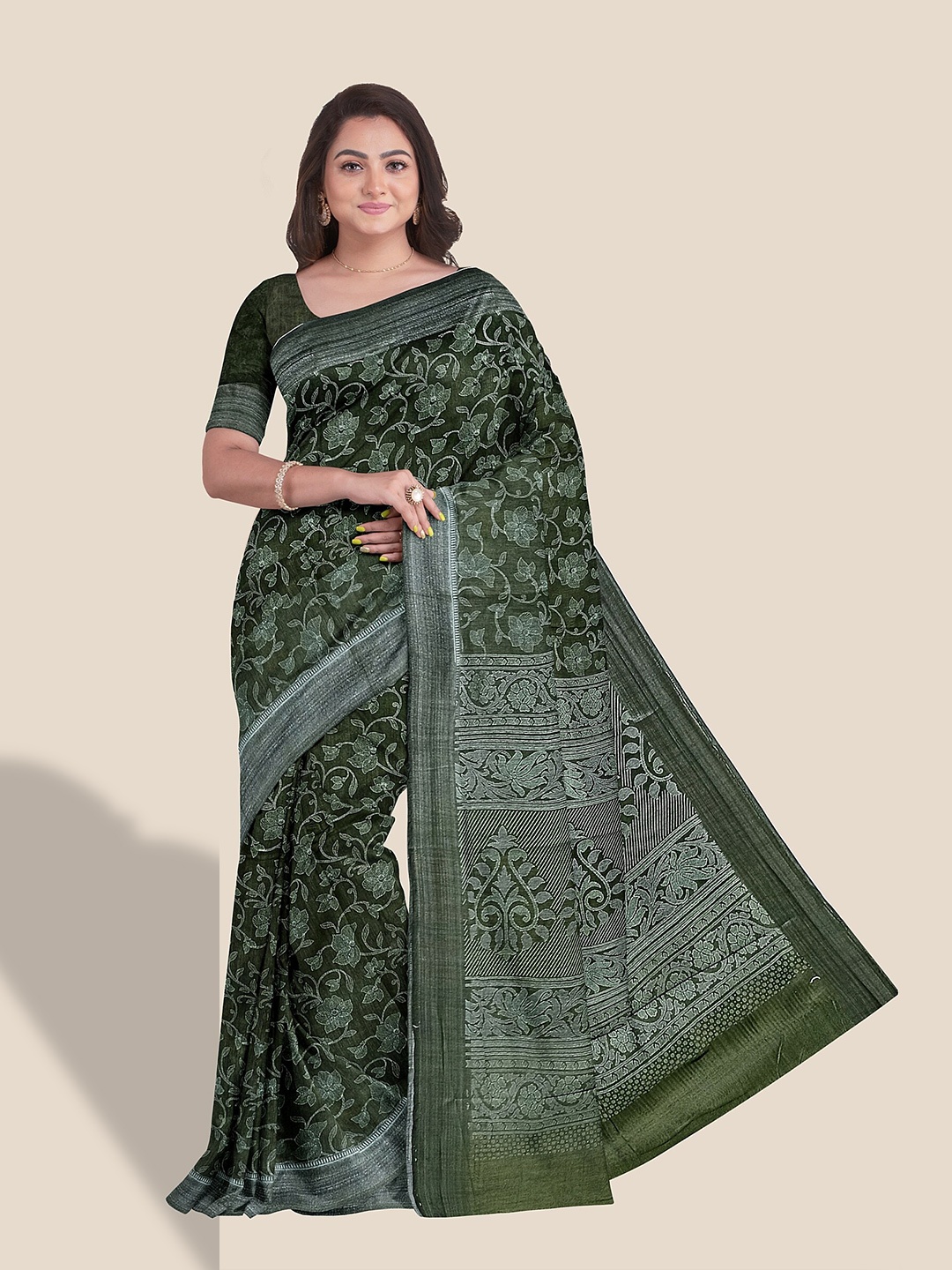 

The Chennai Silks Floral Printed Pure Cotton Saree, Green