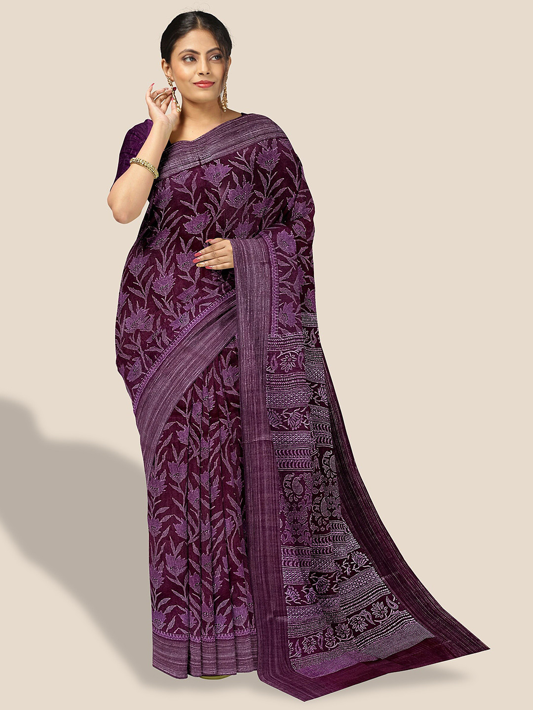 

The Chennai Silks Floral Printed Pure Cotton Saree, Maroon