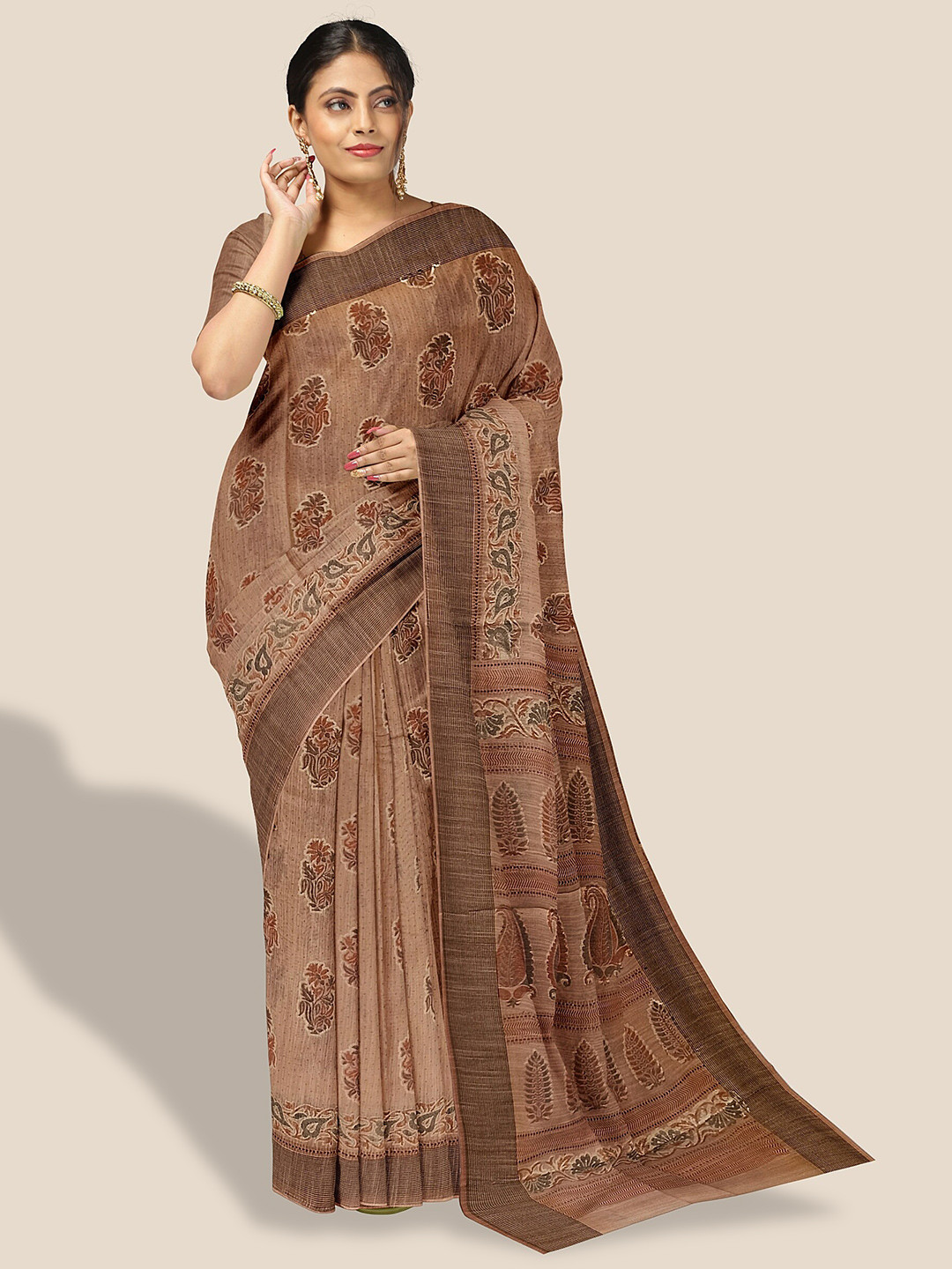 

The Chennai Silks Floral Printed Pure Cotton Saree, Brown