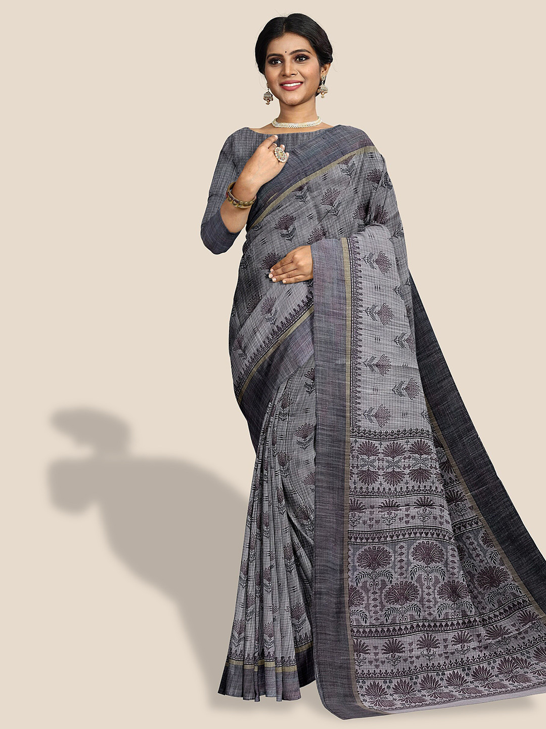 

The Chennai Silks Floral Printed Pure Cotton Saree, Grey
