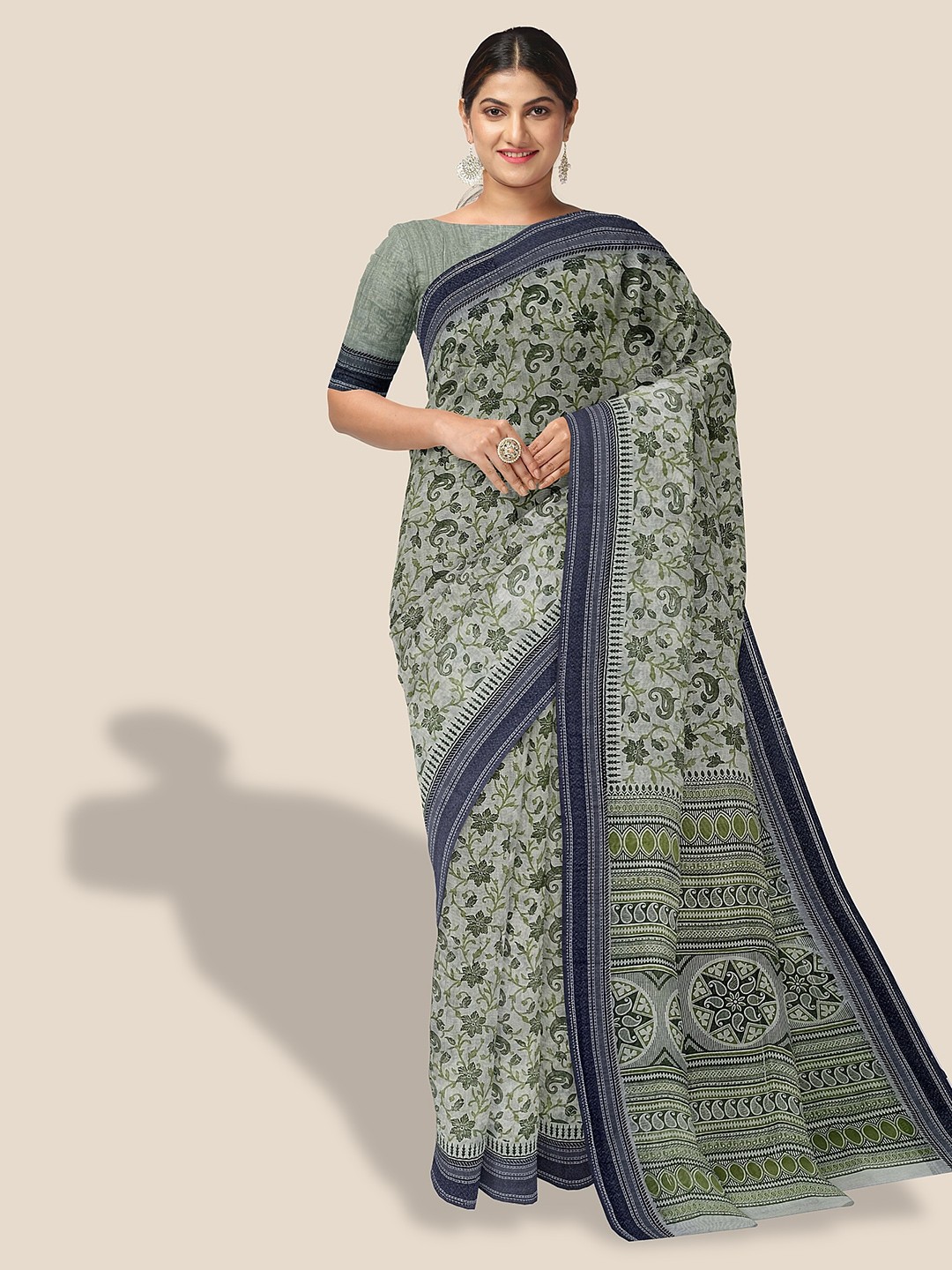 

The Chennai Silks Floral Printed Pure Cotton Saree, Green