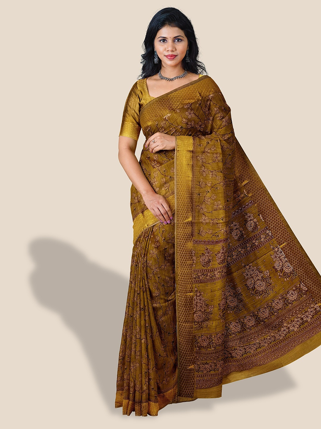 

The Chennai Silks Floral Printed Pure Cotton Saree, Mustard
