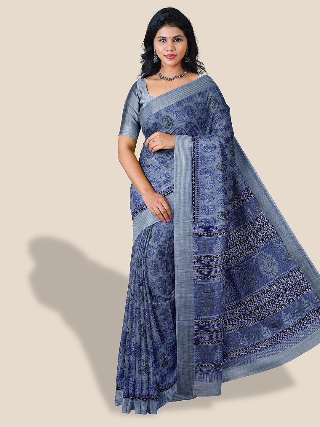 

The Chennai Silks Paisley Printed Striped Bordered Pure Cotton Fusion Saree, Blue