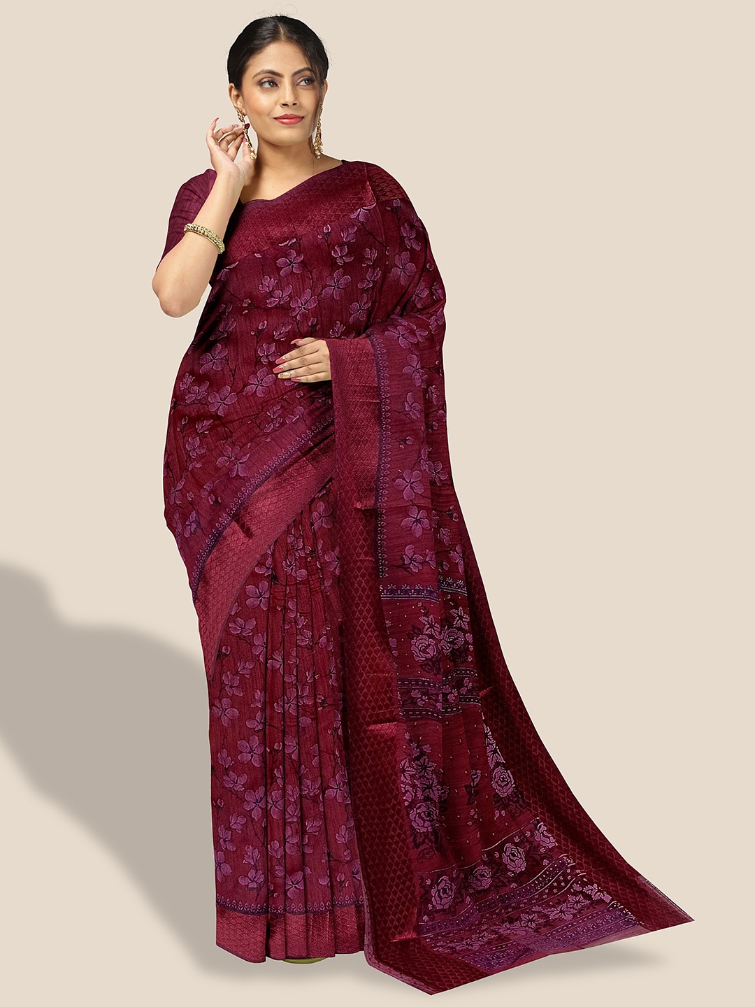 

The Chennai Silks Floral Printed Pure Cotton Saree, Maroon