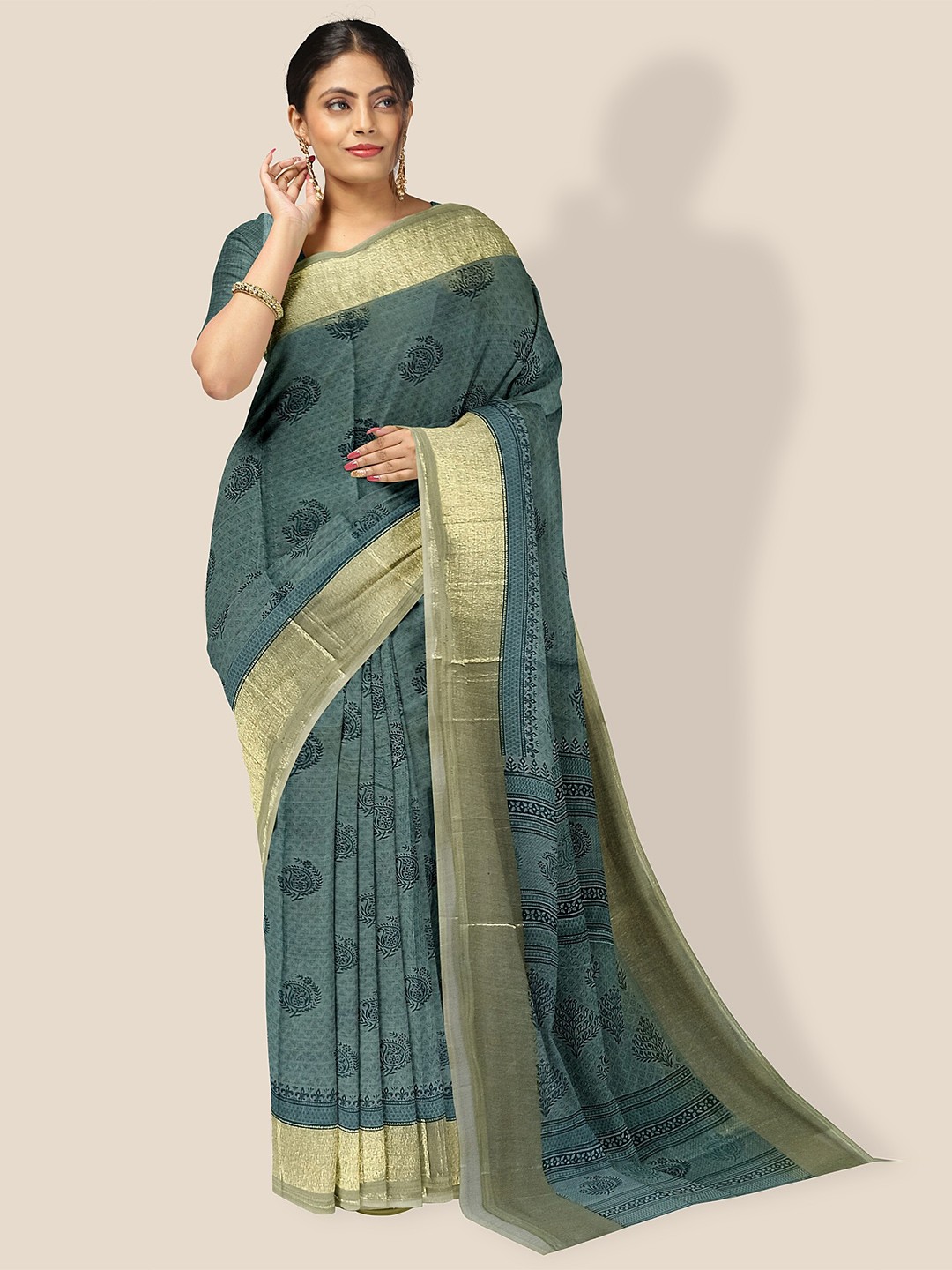 

The Chennai Silks Paisley Printed Zari Pure Cotton Saree, Green