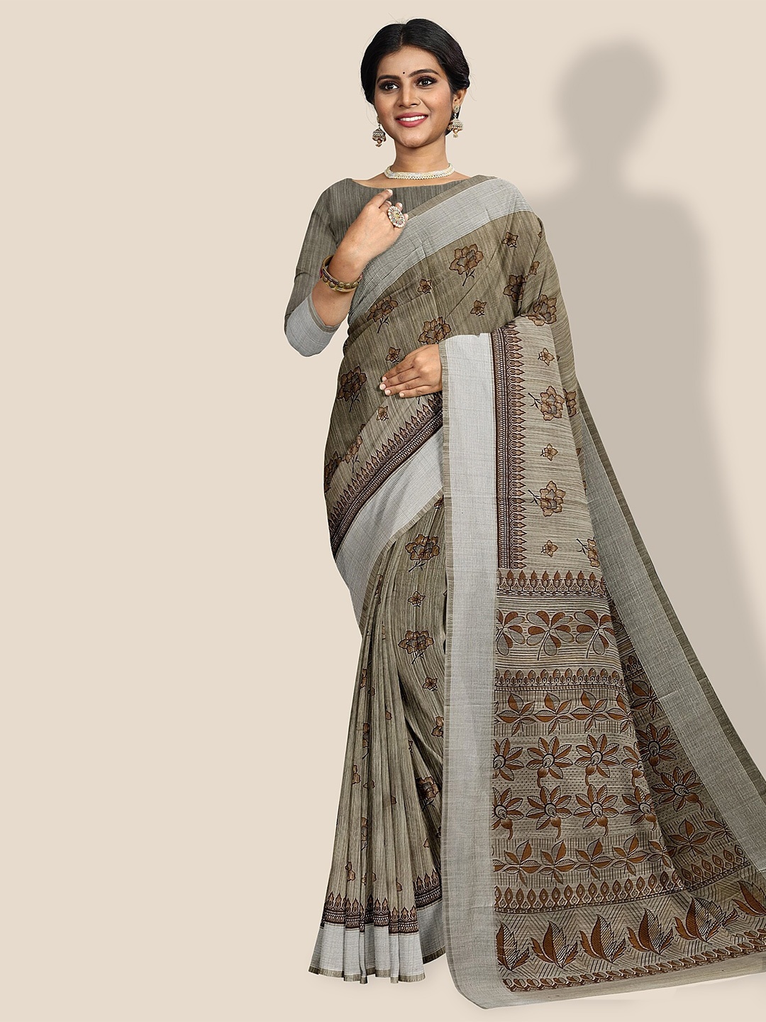 

The Chennai Silks Floral Printed Pure Cotton Fusion Saree, Brown