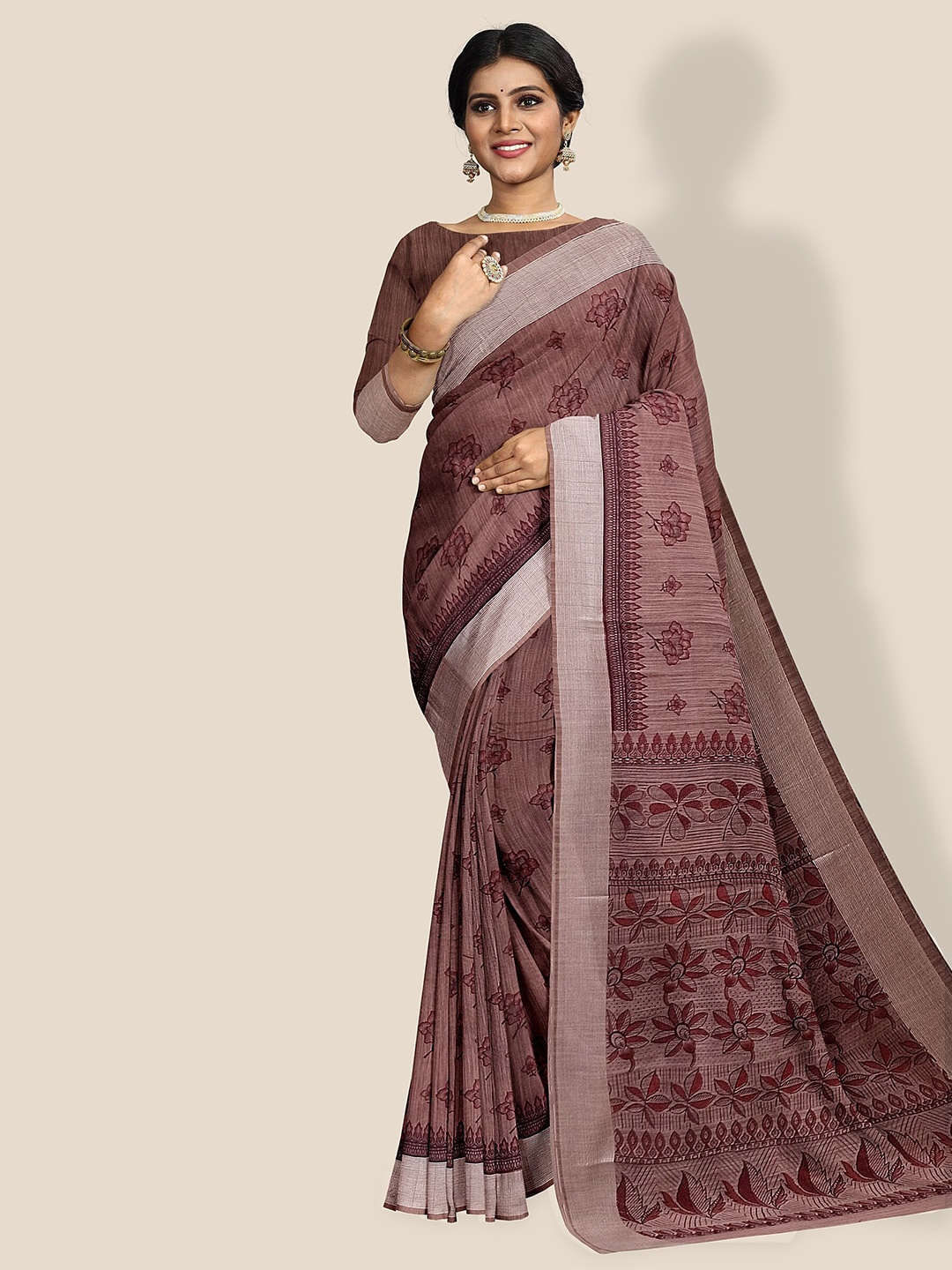 

The Chennai Silks Floral Printed Pure Cotton Saree, Brown