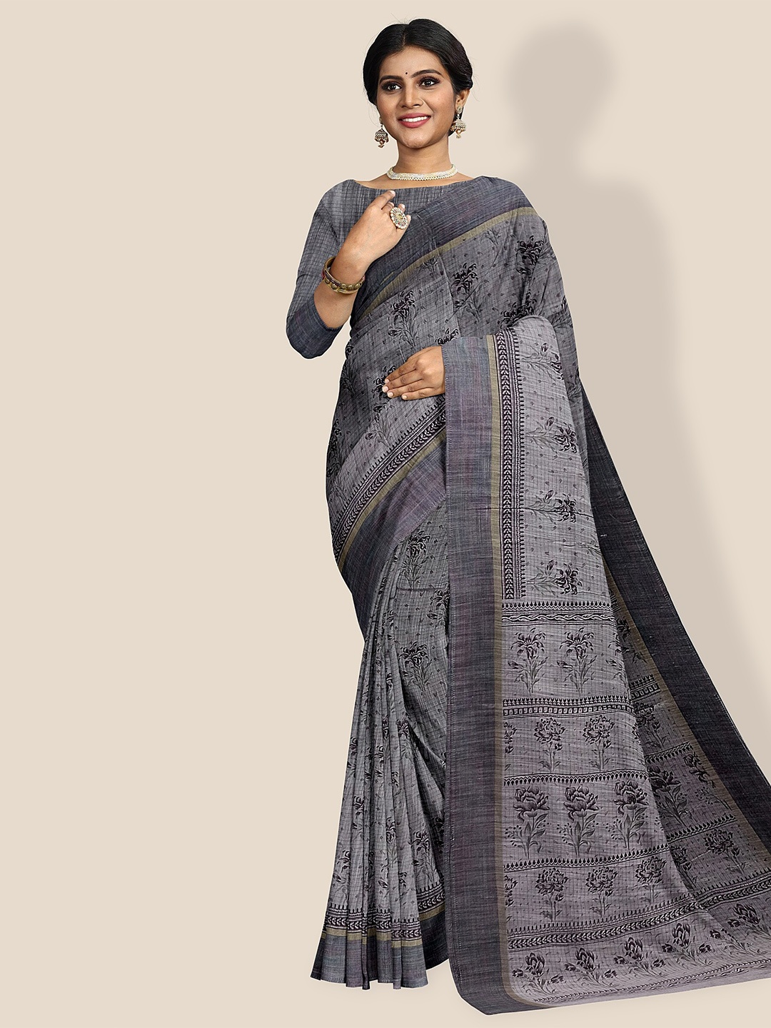 

The Chennai Silks Floral Printed Pure Cotton Saree, Grey