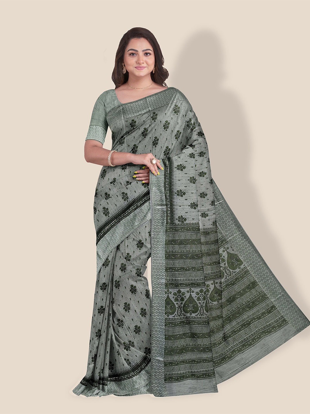 

The Chennai Silks Floral Printed Pure Cotton Saree, Green