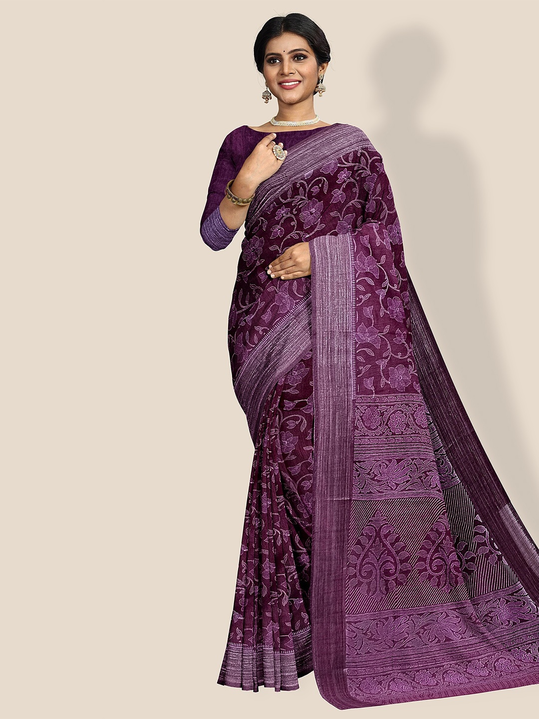 

The Chennai Silks Floral Printed Pure Cotton Saree, Purple