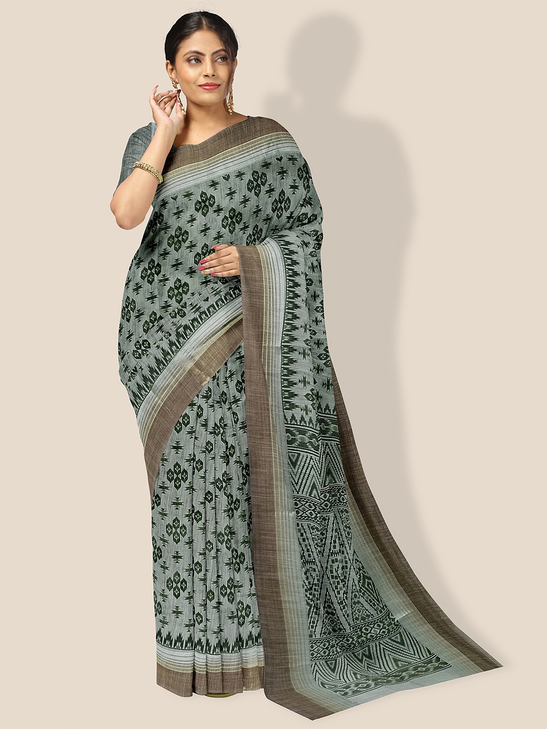 

The Chennai Silks Ethinic Motifs Printed Zari Pure Cotton Saree, Green